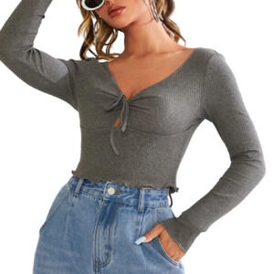 SHEIN Qutie Lettuce Trim Knot Front RibKnit Tee Grey Cropped Long Sleeve L